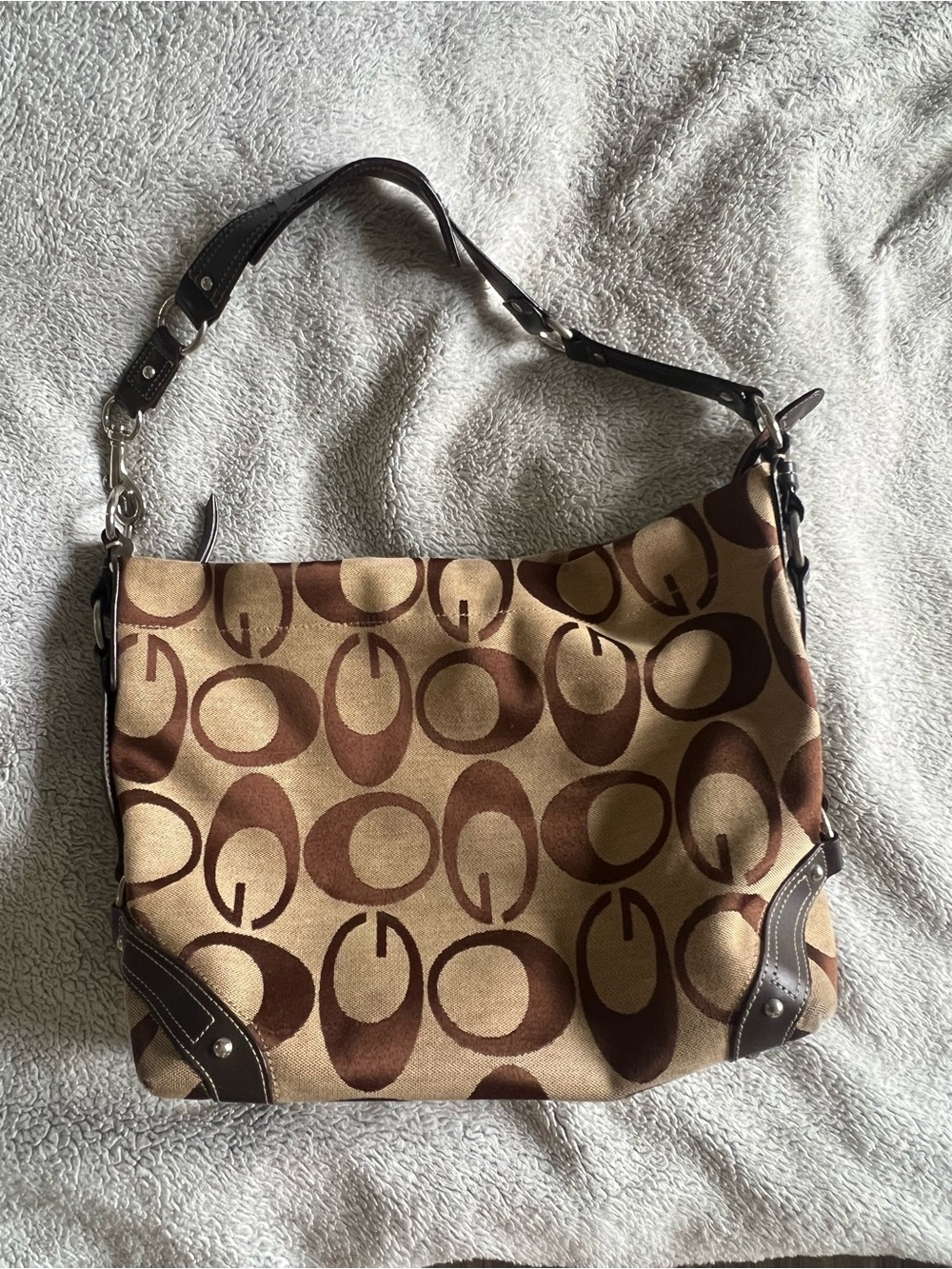 G by Guess Brown and Tan Logo Canvas Shoulder Tote